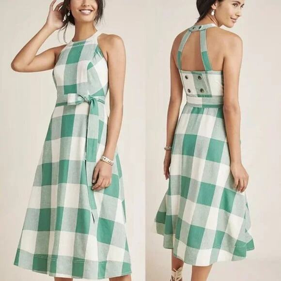 ANTHROPOLOGIE Maeve Greta Gingham Dress Size 8 Green Check Retro Linen Midi - Picture 1 of 8